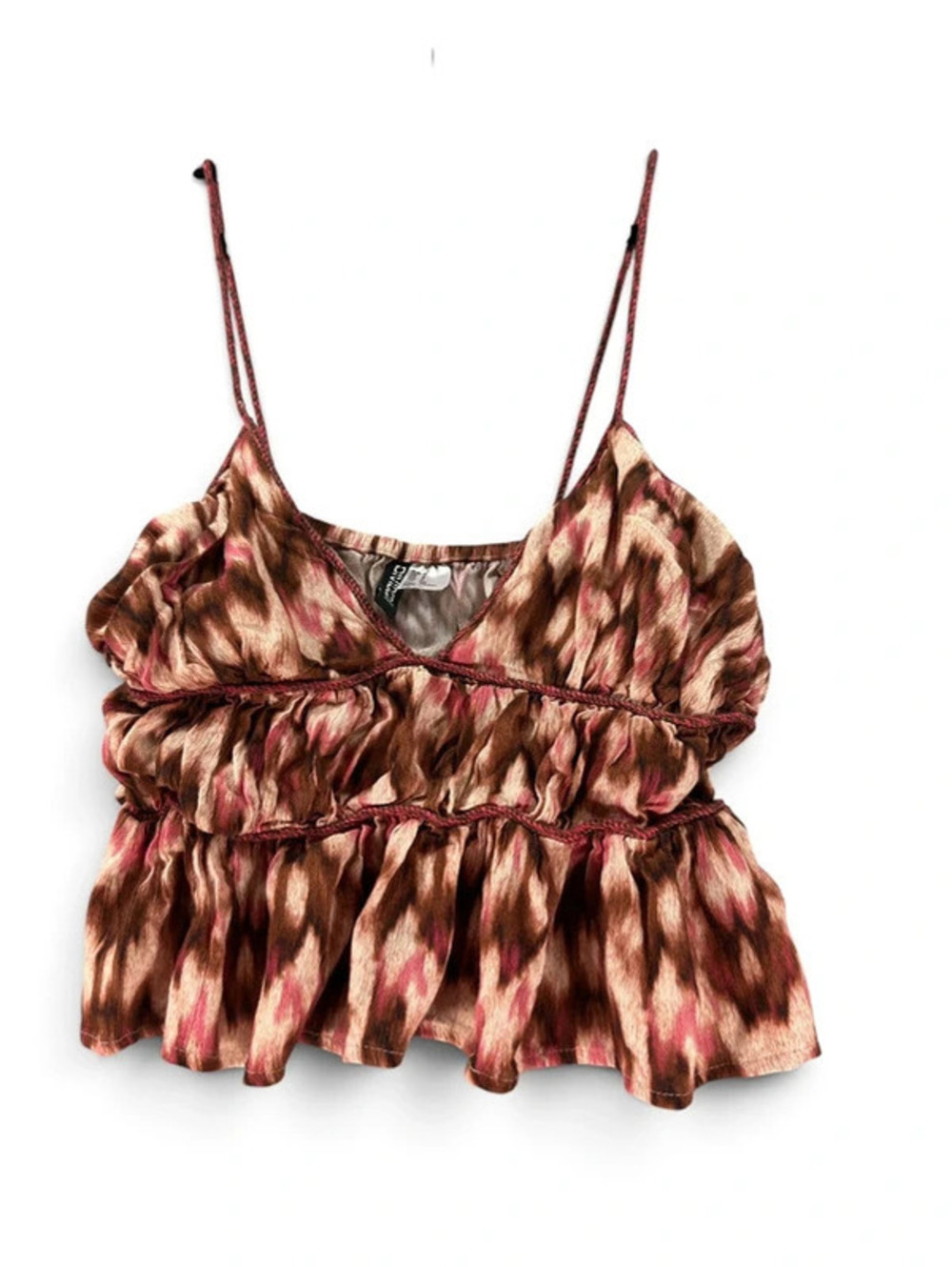: H&M Brown Pink Abstract Print Ruffle Cami Top Y2K C0038